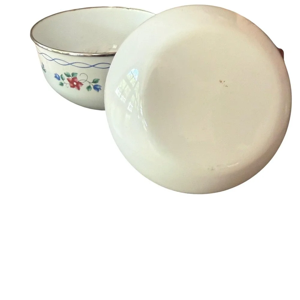 Vintage Enamel Nesting Bowls Set of 3 | Blue Floral Swag | Farmhouse Cottagecore